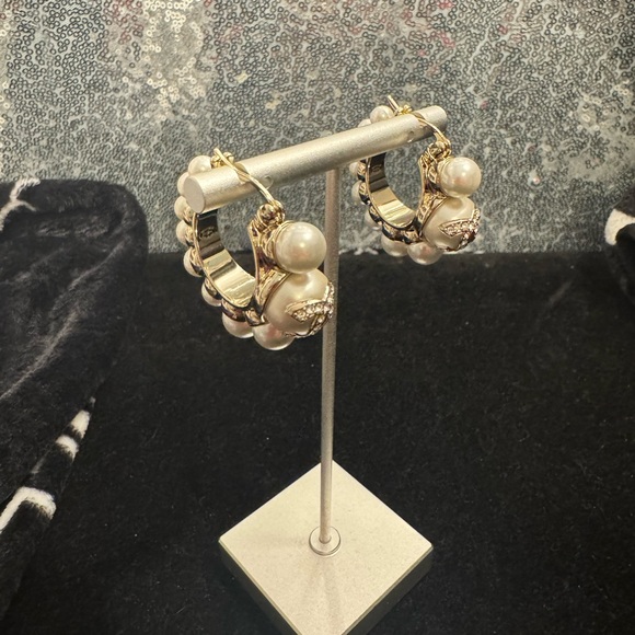 Chanel CC Elegant Gold and Pearl Hoop Earrings